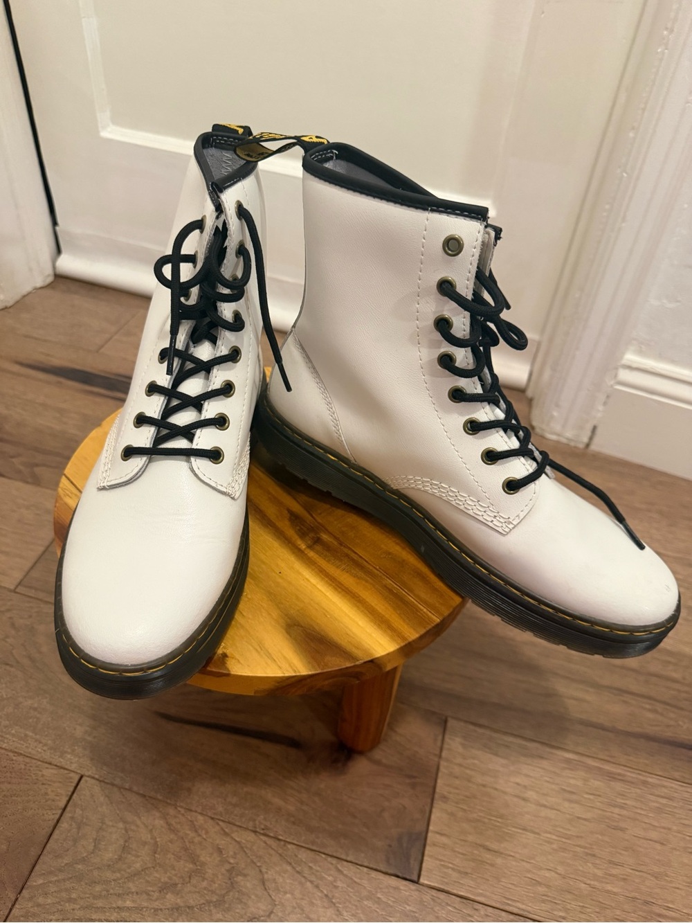 Dr. Martens White Leather Lace-Up Combat Boots with Black Trim